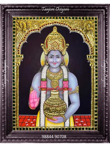 Lord Vishnu Tanjore painting showing Vishnu holding sacred pot with gold foil detailing in traditional Thanjavur style